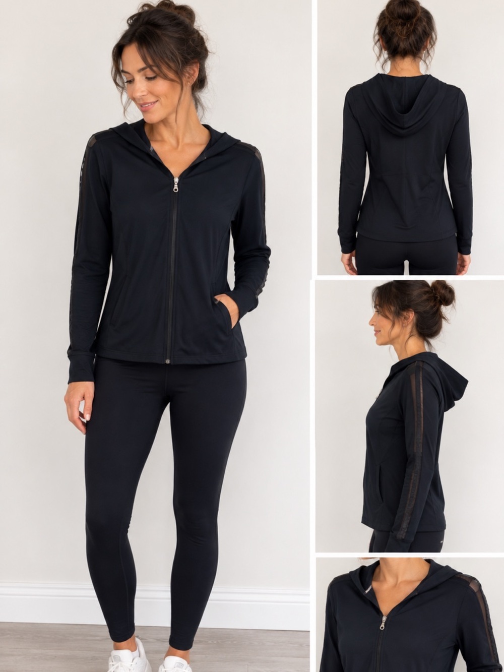 CAbi Navy Hooded Jacket with shear strips down sleeves